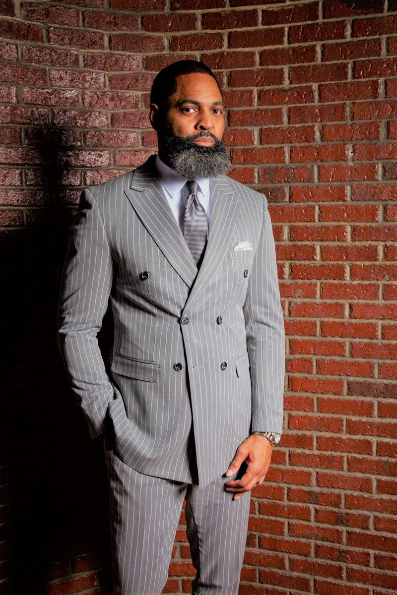 Buy Heather Grey Pinstripe Double Breasted Piece Suit