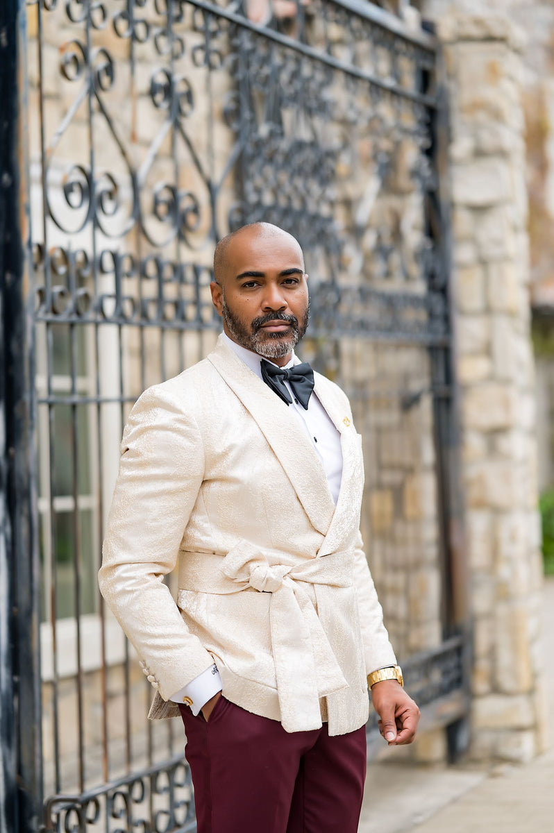Buy Custom Tailored Champagne Belt Suit with Burgundy Trousers