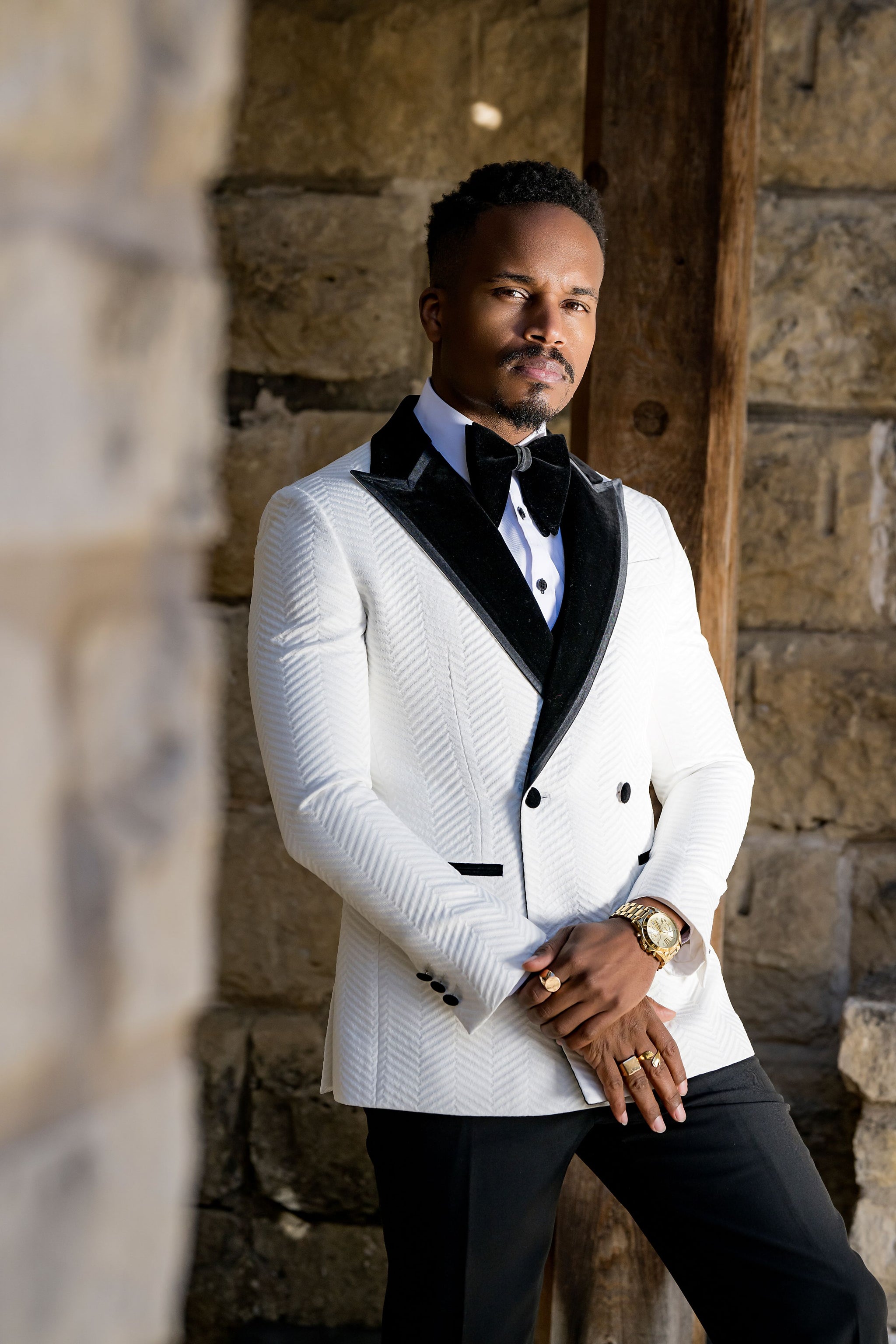 The Majestic Blanc - Custom Tailored White Herringbone Peak Lapel