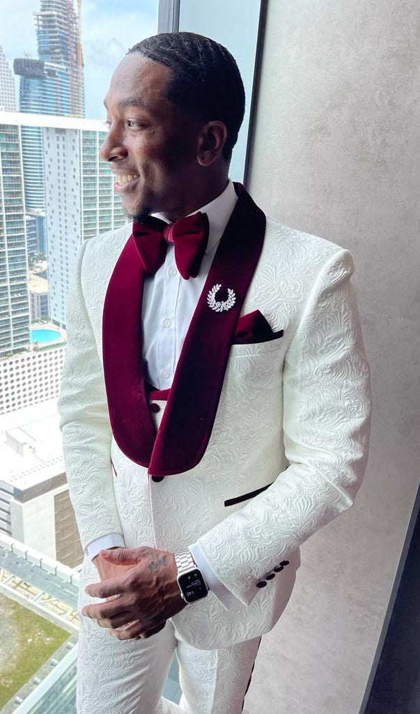 Show Stopper! - Custom 3 Piece Brocade Tuxedo - Ivory & Wine - Eaden Myles