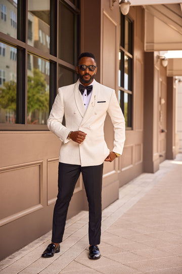 Custom Tailored Off White Double Breasted Shawl Lapel - Tuxedo - Eaden Myles