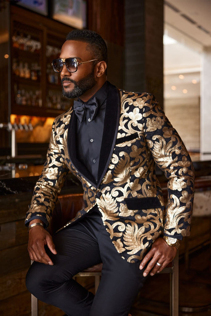 "Gold Sequin/Velvet Dinner Jacket - Shimmering gold sequins and plush velvet combine in this luxurious showstopper. Perfect for special occasions, this jacket exudes glamour and style."