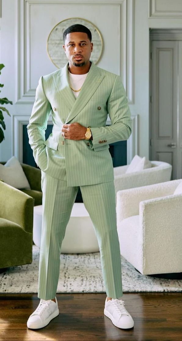 Green Tea Pinstripe Tailored Fit Piece Suit Custom1