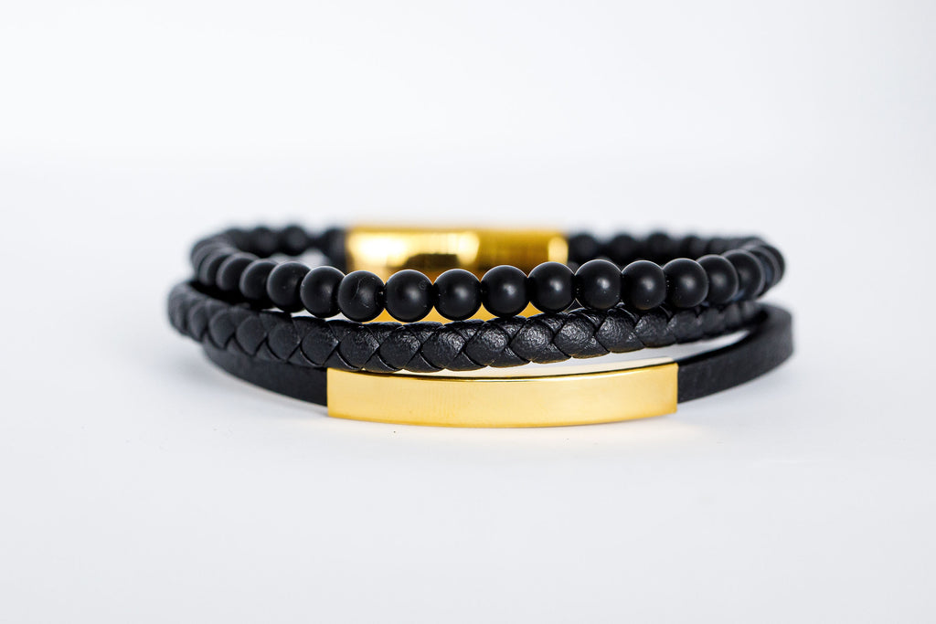Black/Gold -  Braided Leather Bracelet - W/Beads - Eaden Myles