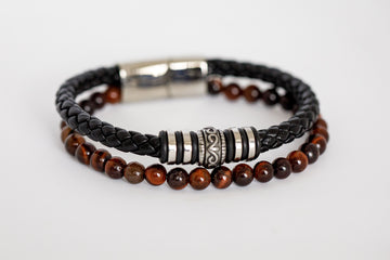Black Braided Leather Bracelet - W/Brown Beads - Eaden Myles
