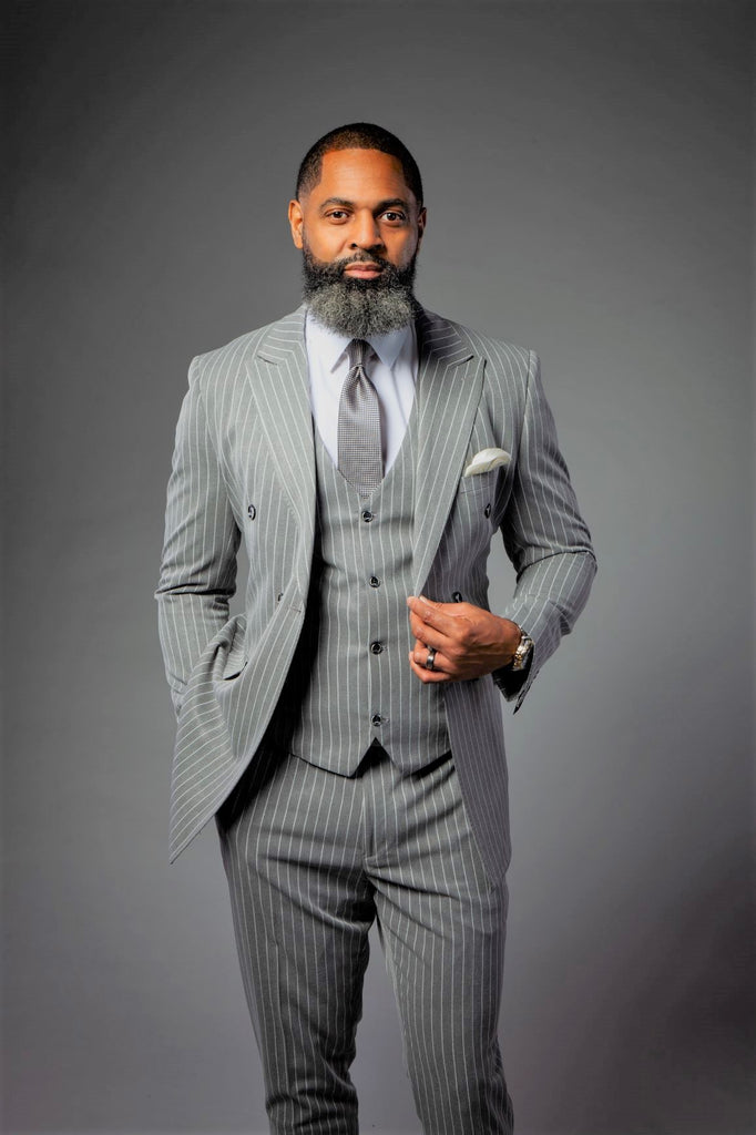 Heather Grey Pinstripe - 3 Piece Double Breast Suit - Eaden Myles