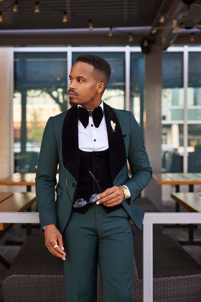 Green Three-piece velvet tuxedo with a luxurious jacket, modern slim trousers, and sleek vest. Perfect for formal events, weddings, and special occasions