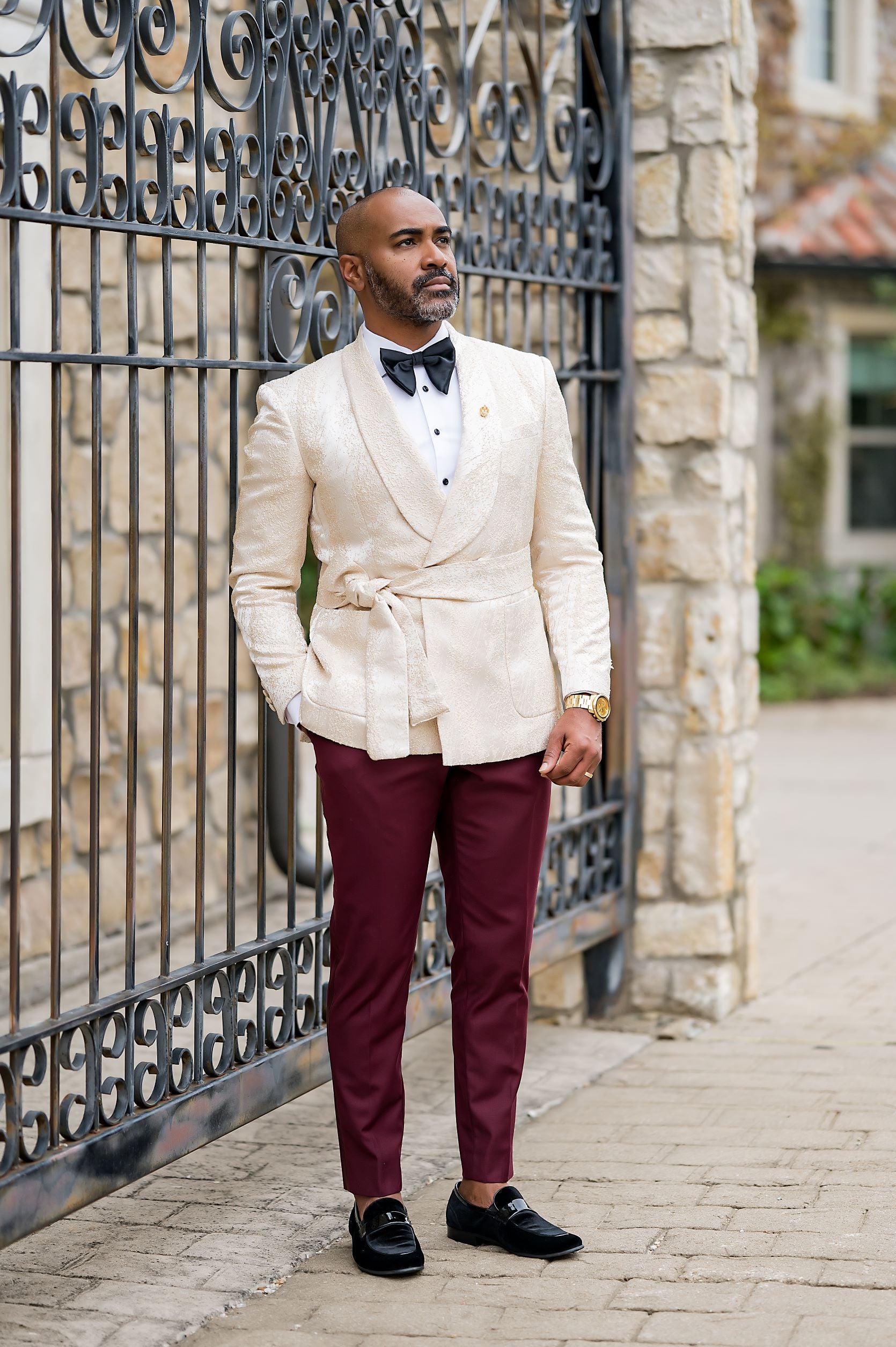 Buy Custom Tailored Champagne Belt Suit with Burgundy Trousers - Eaden Myles Buy Custom Tailored Champagne Belt Suit with Burgundy Trousers - Eaden Myles