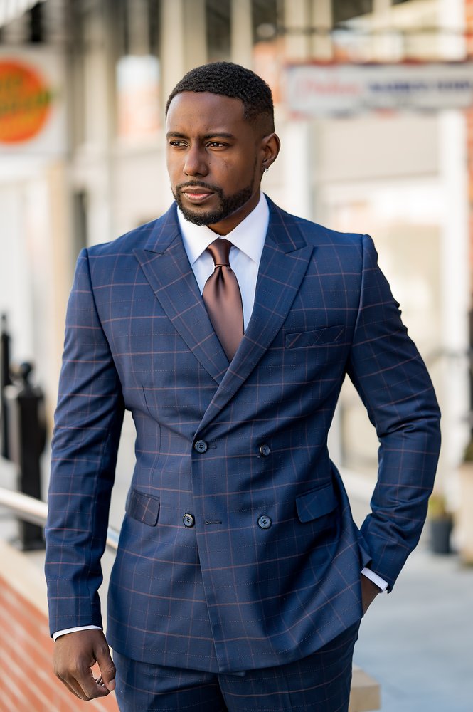 Navy Blue Window Pane Double Breasted Suit - Eaden Myles