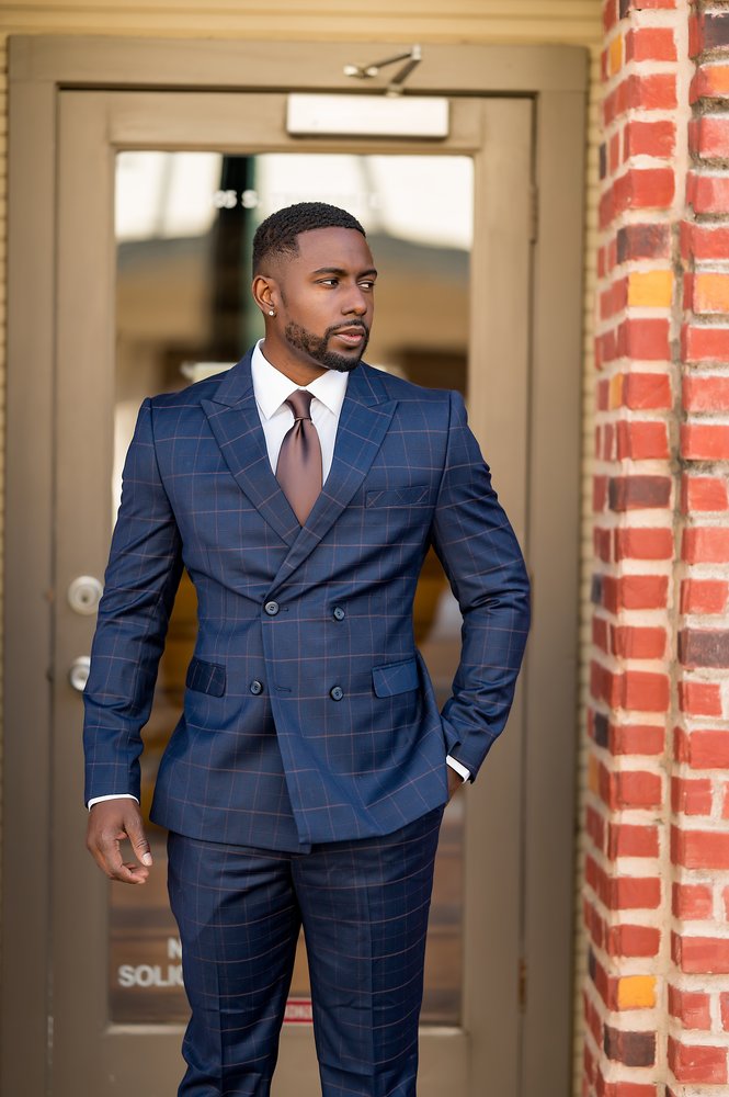 Navy Blue Window Pane Double Breasted Suit - Eaden Myles