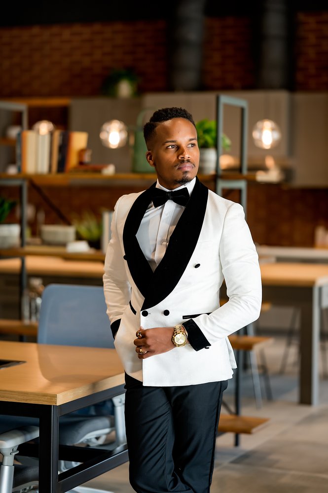 Off White Double Breasted Tuxedo with Velvet Lapel