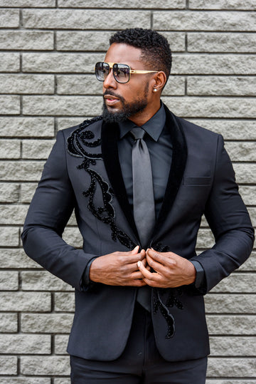 Black Dinner Jacket w/ Velvet Embroidery - Eaden Myles